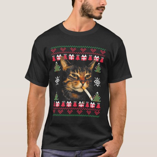 猫がタバコを吸う面白いミーム クリスマスセーター Tシャツ (正面)