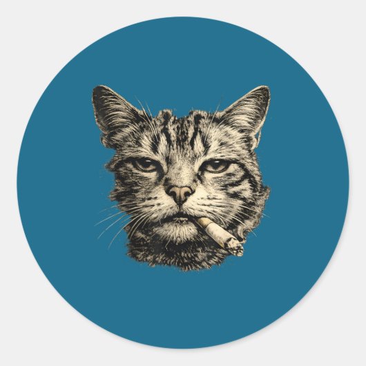 猫がタバコを吸っている トラビー ラウンドシール (正面)