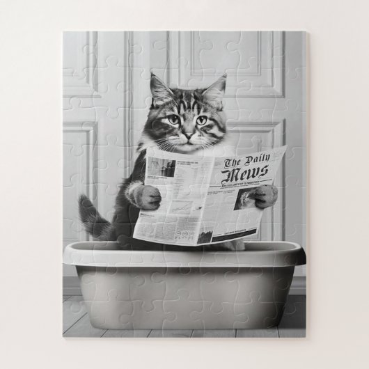 猫がトイレに座って新聞を読んでいる ジグソーパズル (縦)