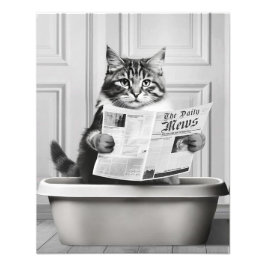 猫がトイレに座って新聞を読んでいる フォトプリント