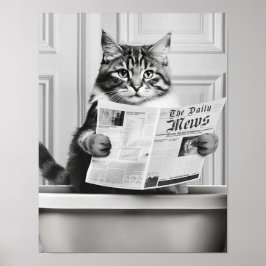 猫がトイレに座って新聞を読んでいる ポスター