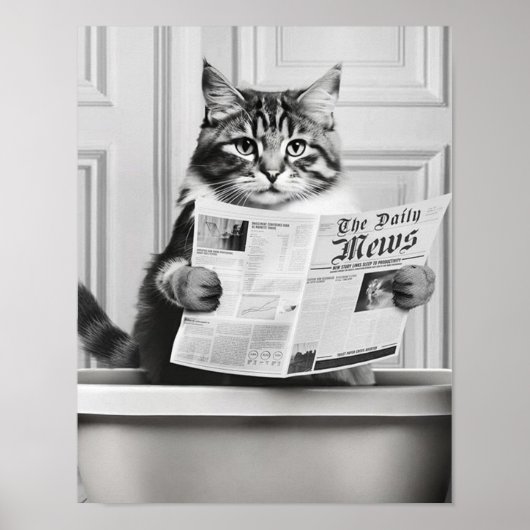 猫がトイレに座って新聞を読んでいる ポスター (正面)