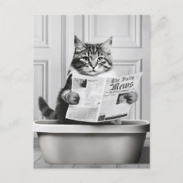 猫がトイレに座って新聞を読んでいる ポストカード