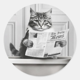 猫がトイレに座って新聞を読んでいる ラウンドシール