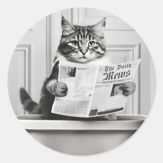 猫がトイレに座って新聞を読んでいる ラウンドシール (正面)