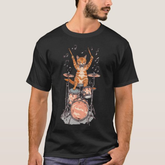 猫がドラムを演奏 ロック音楽 Tシャツ (正面)