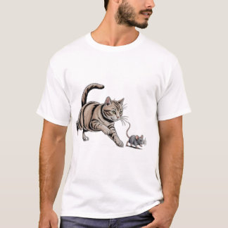 猫がネズミを追いかける面白い動物の狩りのTシャツ Tシャツ