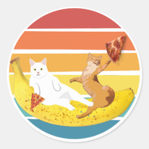 猫がバナナに乗ってピザをレトロで食べる ラウンドシール