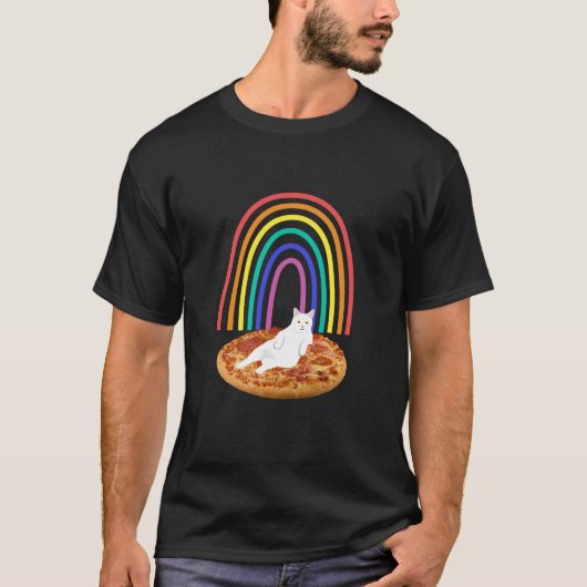 猫がピザの虹に身を冷やす Tシャツ (正面)