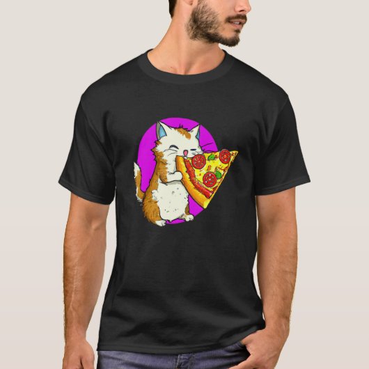 猫がピザを食べている 猫とピザのデザイン Tシャツ (正面)