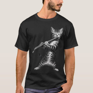 猫がフルートを演奏する面白いネコ好き・猫ママ・猫パパデザイン Tシャツ