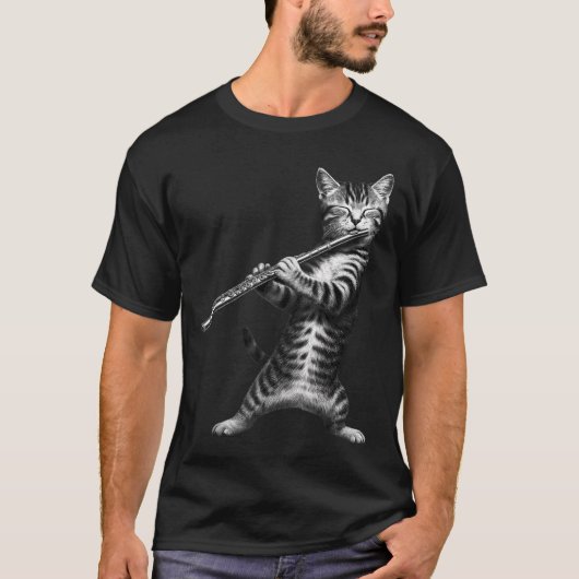 猫がフルートを演奏する面白いネコ好き・猫ママ・猫パパデザイン Tシャツ (正面)