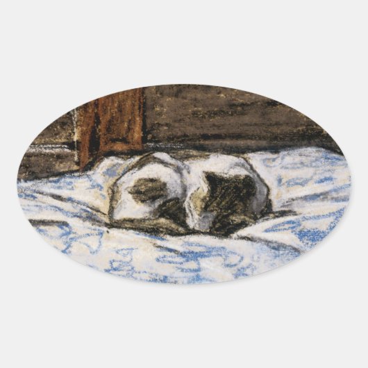 猫がベッドで寝る 楕円形シール (正面)