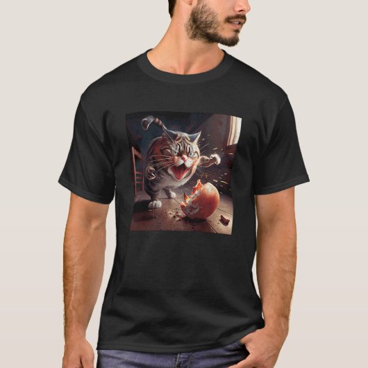 猫がベーコンと卵と戦っている Tシャツ (正面)