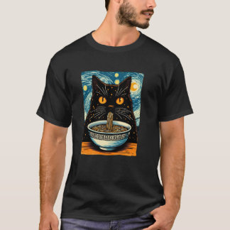 猫がラーメンを食べている、ゴッホの星空、猫好き Tシャツ