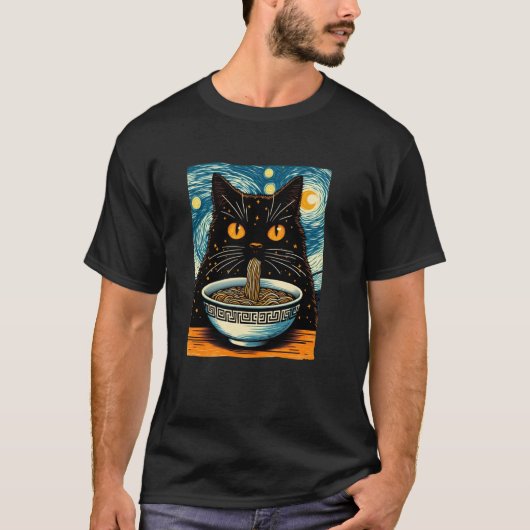 猫がラーメンを食べている、ゴッホの星空、猫好き Tシャツ (正面)