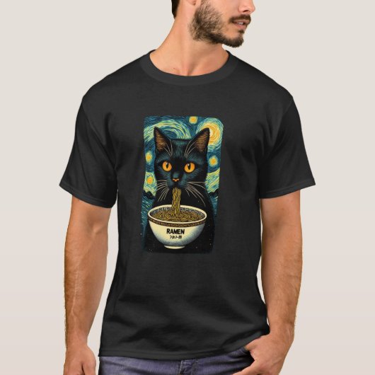 猫がラーメンを食べている、ゴッホの星空、猫好き Tシャツ (正面)