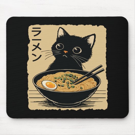 猫がラーメンを食べている マウスパッド (正面)