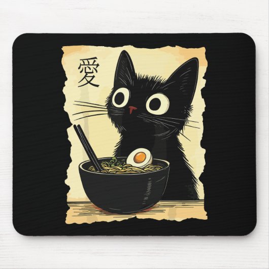 猫がラーメンを食べている マウスパッド (正面)