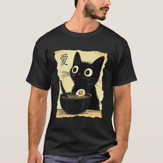 猫がラーメンを食べている Tシャツ (正面)