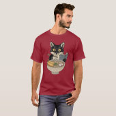 猫がラーメンを食べながら本を読む Tシャツ (正面フル)