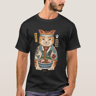 猫がラーメンを食べる浮世絵風ビンテージ日本アート Tシャツ