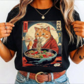 猫がラーメンを食べる面白いイラスト - 猫好きのための日本風デザイン Tシャツ