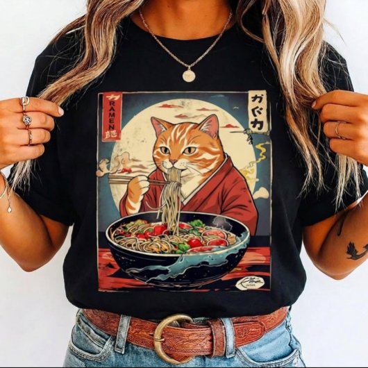 猫がラーメンを食べる面白いイラスト - 猫好きのための日本風デザイン Tシャツ