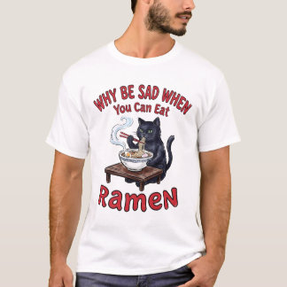 猫がラーメンを食べる面白い幸せ Tシャツ