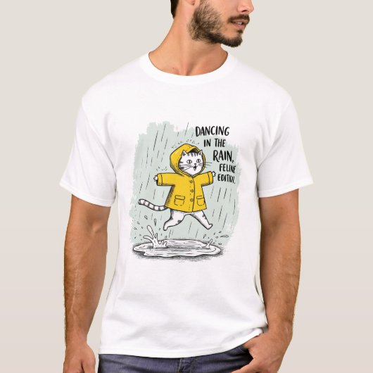猫がレインコートを着て、水たまりに飛び込む Tシャツ (正面)