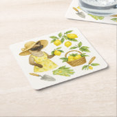 猫がレモンガーデングラスのコースターでガーデニング スクエアペーパーコースター (アングル)
