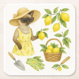 猫がレモンガーデングラスのコースターでガーデニング スクエアペーパーコースター