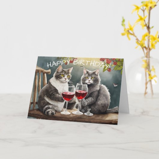 猫がワインを飲む誕生日カード! カード (黄色い花)