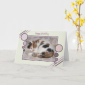 猫が丸まって眠っている写真グリーン紫の誕生日 カード (黄色い花)