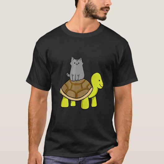 猫が亀に乗る 猫好きへのギフト Tシャツ (正面)