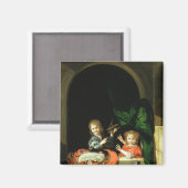 猫が二人の男の子を見ている マグネット (正面/裏面)