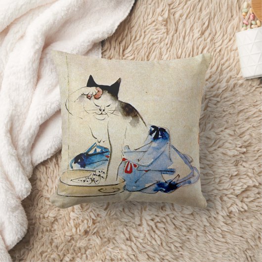 猫が体の歌川広重を洗う クッション (ブランケット)