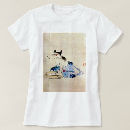 猫が体の歌川広重を洗う Tシャツ (デザイン正面)