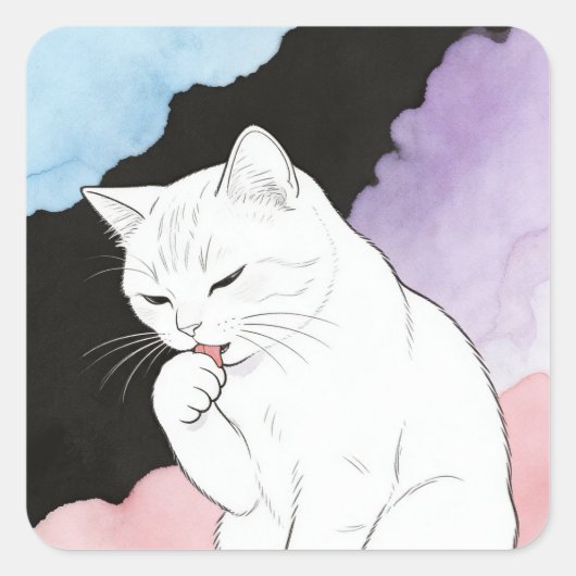 猫が前足をきれいにする スクエアシール (正面)