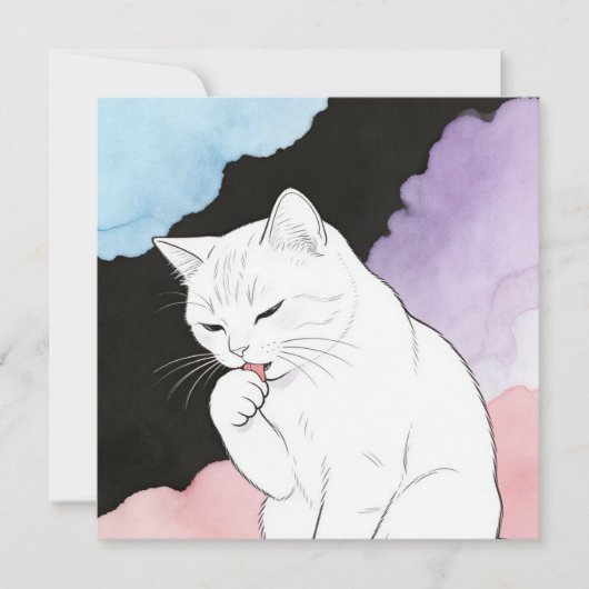 猫が前足をきれいにする 招待状 (正面)