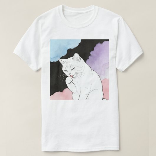 猫が前足をきれいにする Tシャツ (デザイン正面)