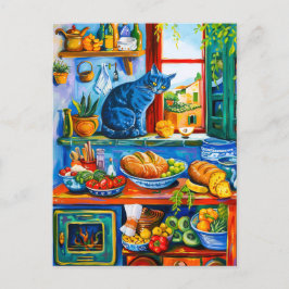 猫が台所の窓から外を見る ポストカード