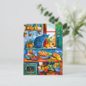 猫が台所の窓から外を見る ポストカード (スタンド正面)