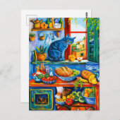 猫が台所の窓から外を見る ポストカード (正面/裏面)