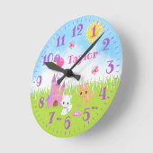 猫が城のピンクと紫の丸い時計を猫に ラウンド壁時計 (傾斜)