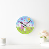 猫が城のピンクと紫の丸い時計を猫に ラウンド壁時計 (ホーム)