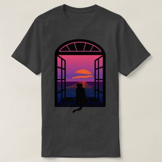 猫が夕焼けを眺める Tシャツ (デザイン正面)