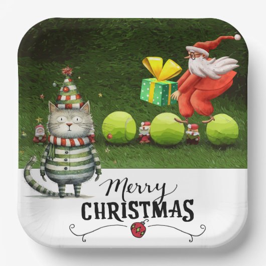 猫が大好きなプレーヤーのためのテニスクリスマス ペーパープレート (正面)
