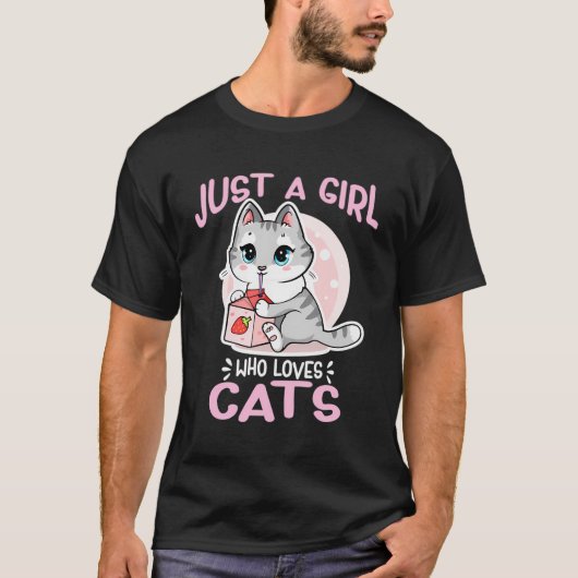 猫が大好きな女の子かわいいアニメのイチゴM Tシャツ (正面)