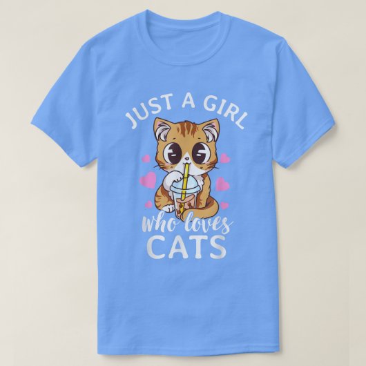 猫が大好きな女の子がバブルティータピオカ Tシャツ (デザイン正面)